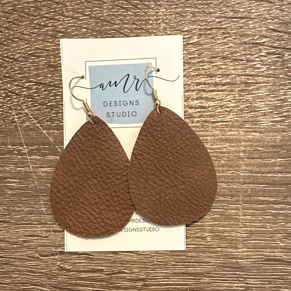 Brown Leather Teardrop Earrings